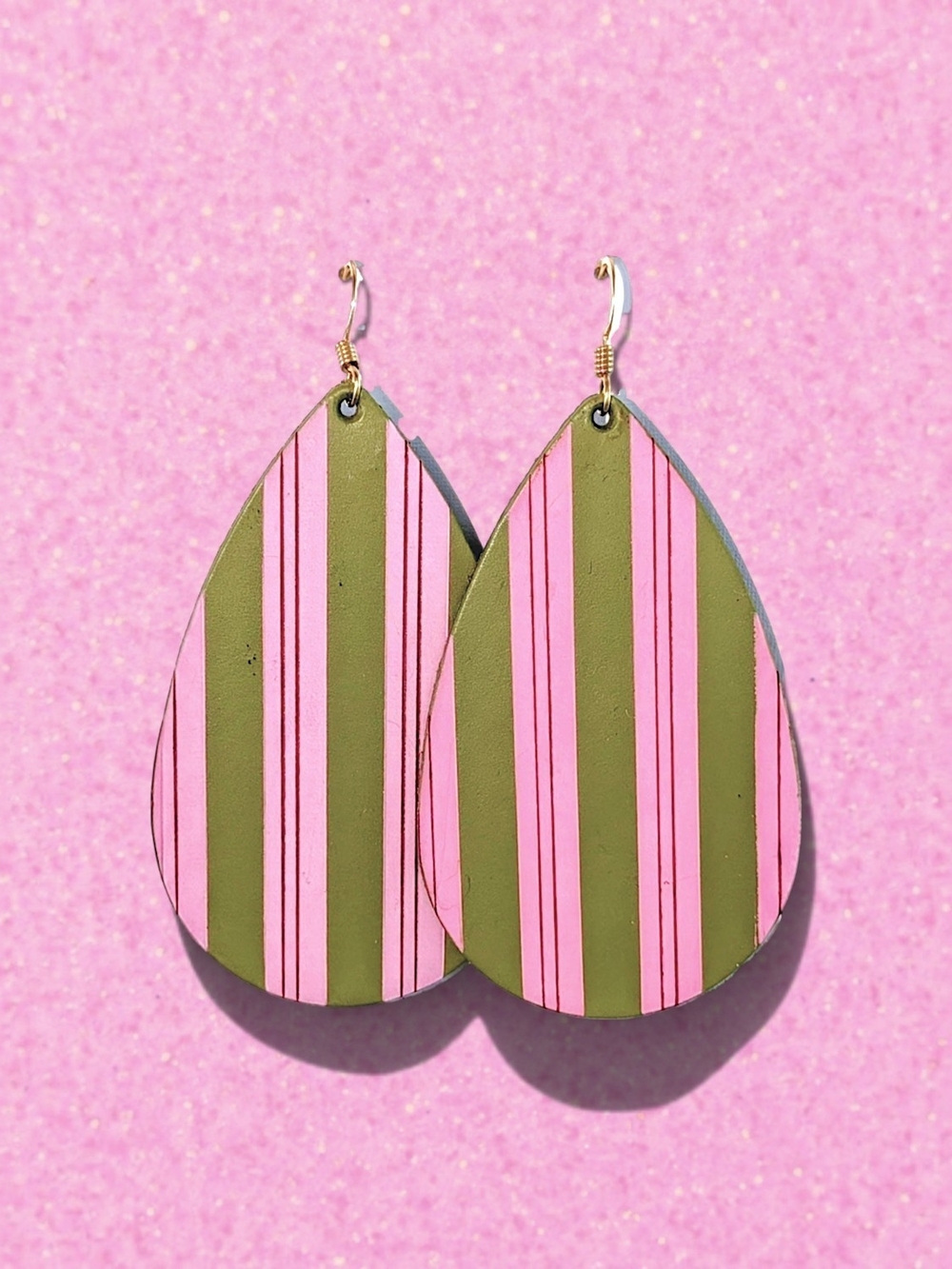 Striped Pink and Olive Teardrop Earrings with Gold Hooks
